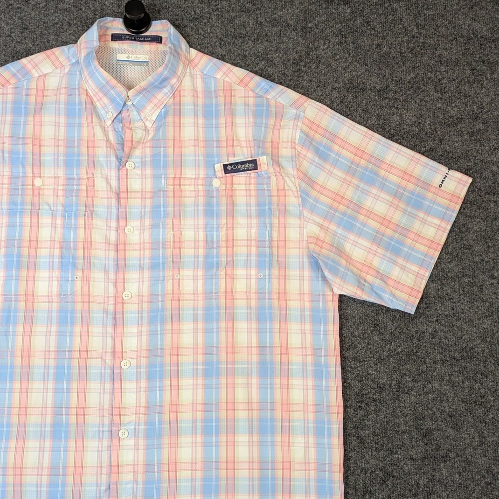 Columbia PFG Super Tamiami Shirt Mens Large Plaid Short Sleeve Pink Blue Vented
